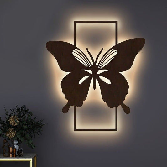 Modern Butterfly Art Backlit Wooden Wall Decor with LED Night Light Walnut Finish - Decor Smart