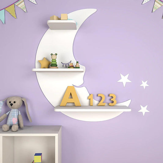 Modern Sparkle Moon Wooden Wall Shelf for Kids - Decor Smart