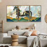 Modern Style Horse and Golden Colored Mountains Floating Canvas Wall Painting Set of Three - Decor Smart
