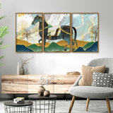 Modern Style Horse and Golden Colored Mountains Floating Canvas Wall Painting Set of Three - Decor Smart
