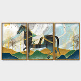 Modern Style Horse and Golden Colored Mountains Floating Canvas Wall Painting Set of Three - Decor Smart