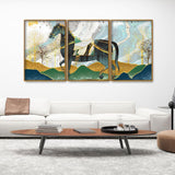 Modern Style Horse and Golden Colored Mountains Floating Canvas Wall Painting Set of Three - Decor Smart