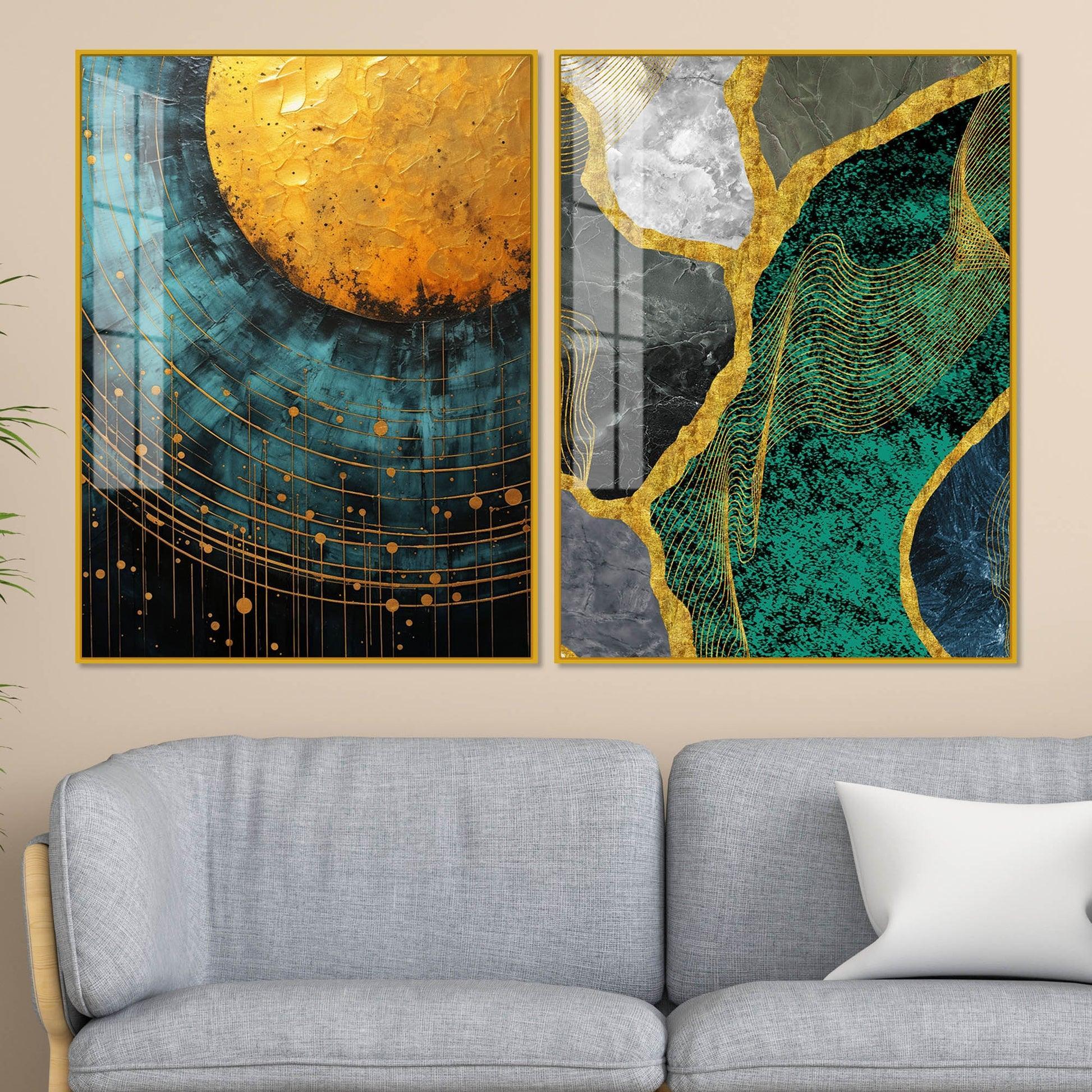 Modern Turquoise Artistic Art Acrylic Floating Wall Painting Set Of 2 - Decor Smart