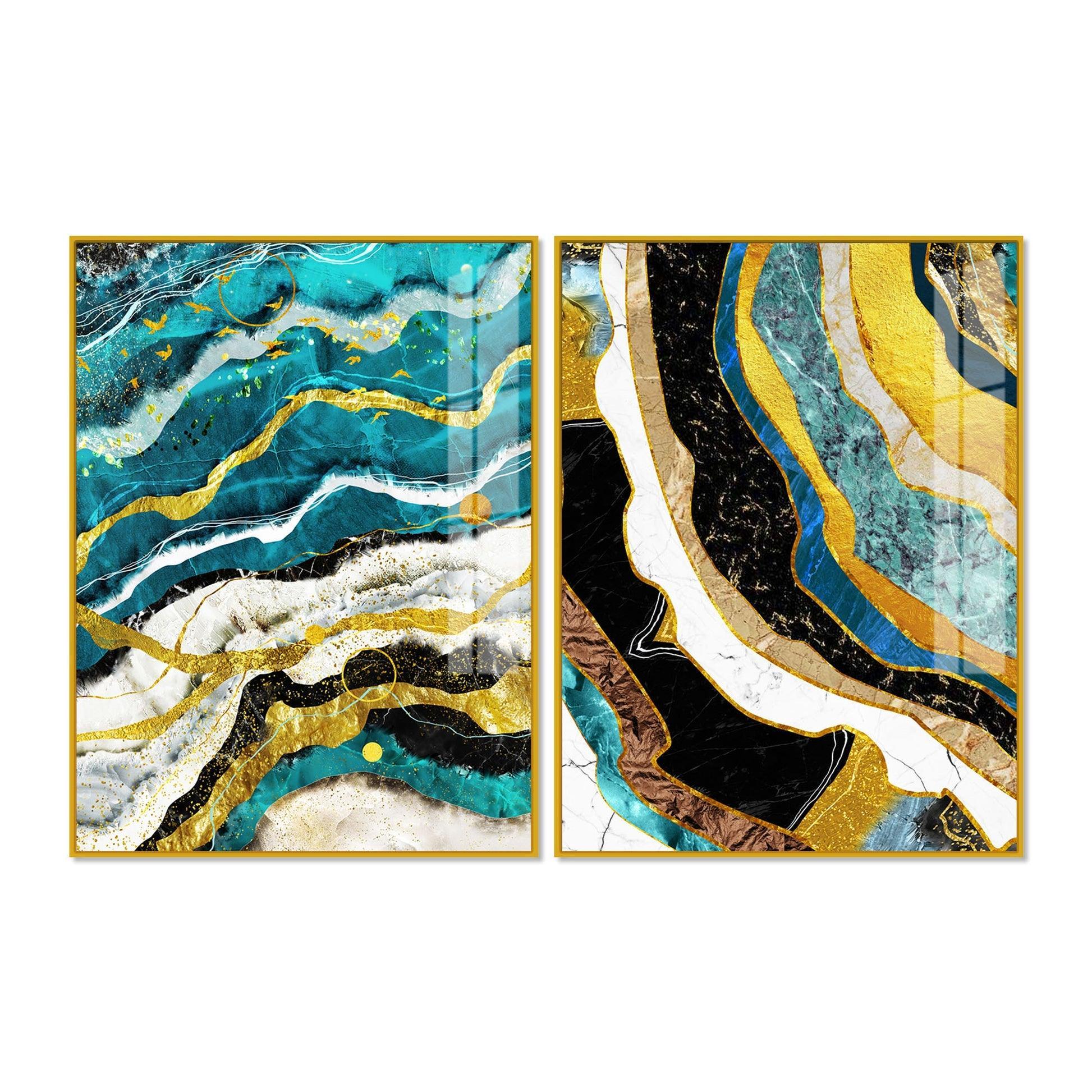 Modern Turquoise Blue Waves Artistic Art Acrylic Floating Wall Painting Set Of 2 - Decor Smart