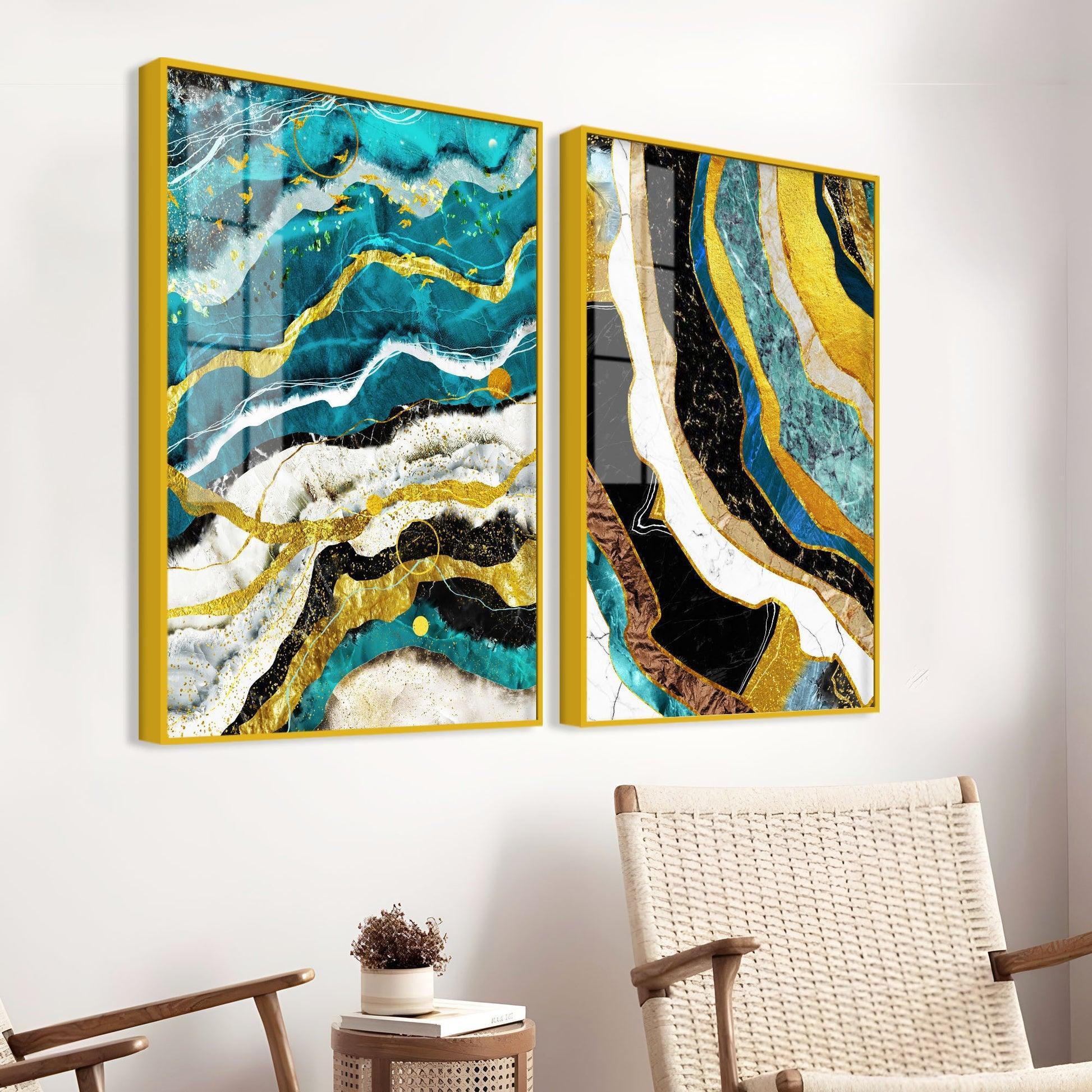 Modern Turquoise Blue Waves Artistic Art Acrylic Floating Wall Painting Set Of 2 - Decor Smart