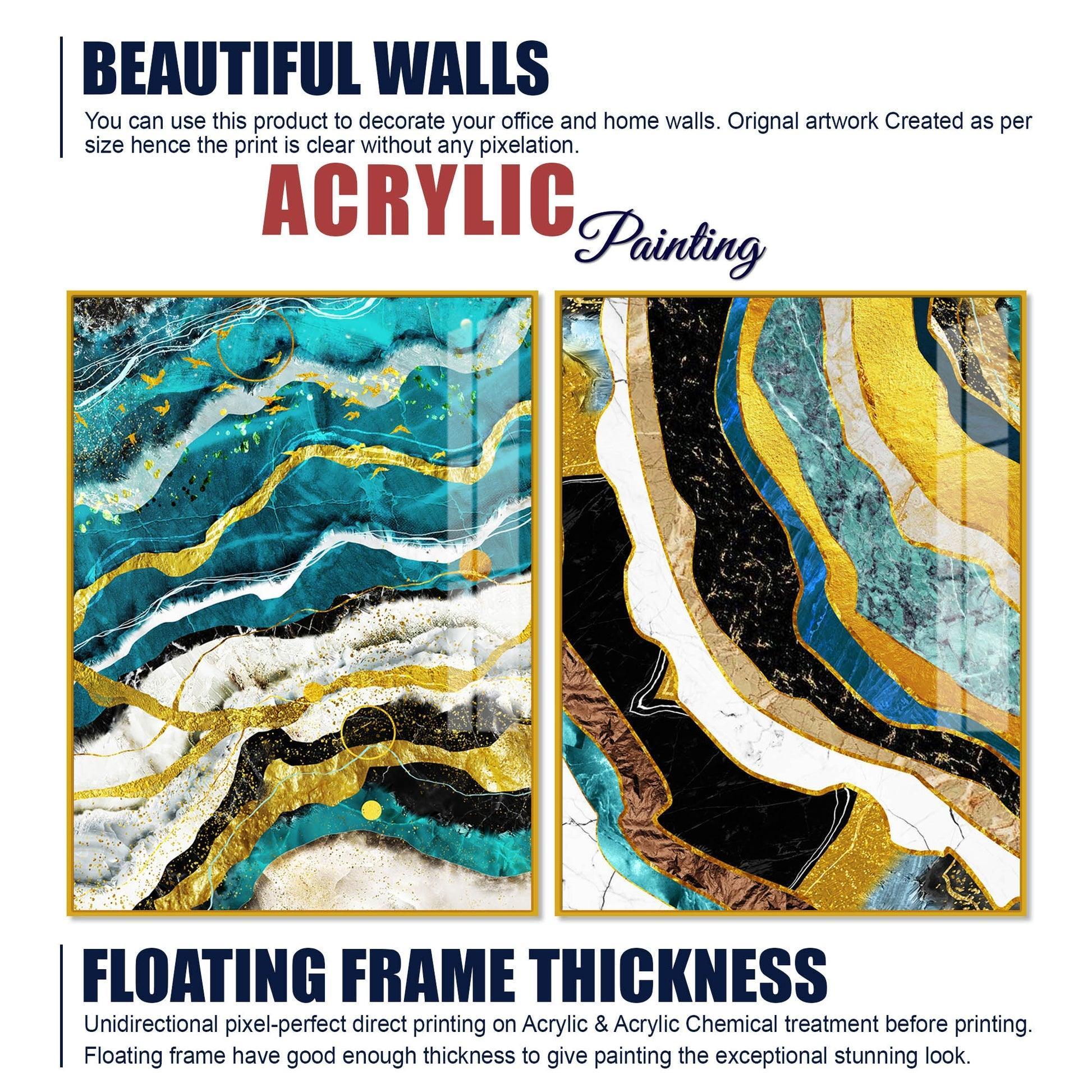 Modern Turquoise Blue Waves Artistic Art Acrylic Floating Wall Painting Set Of 2 - Decor Smart