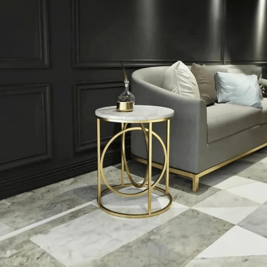 Modern White Marble Round Shaped Side Table with Golden Metallic Side - Decor Smart