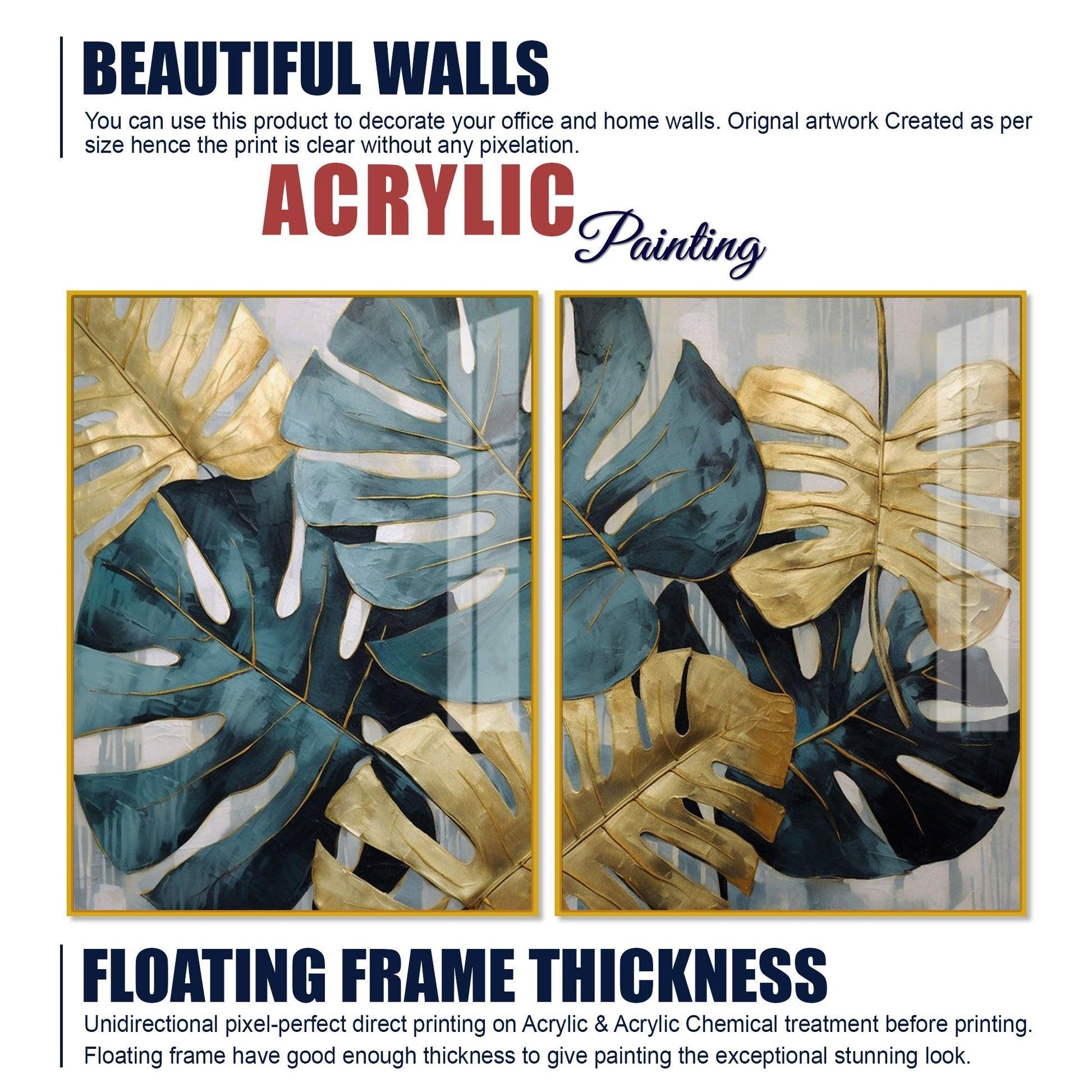 Monstera Leaves Acrylic Floating Wall Painting Set of 2 - Decor Smart