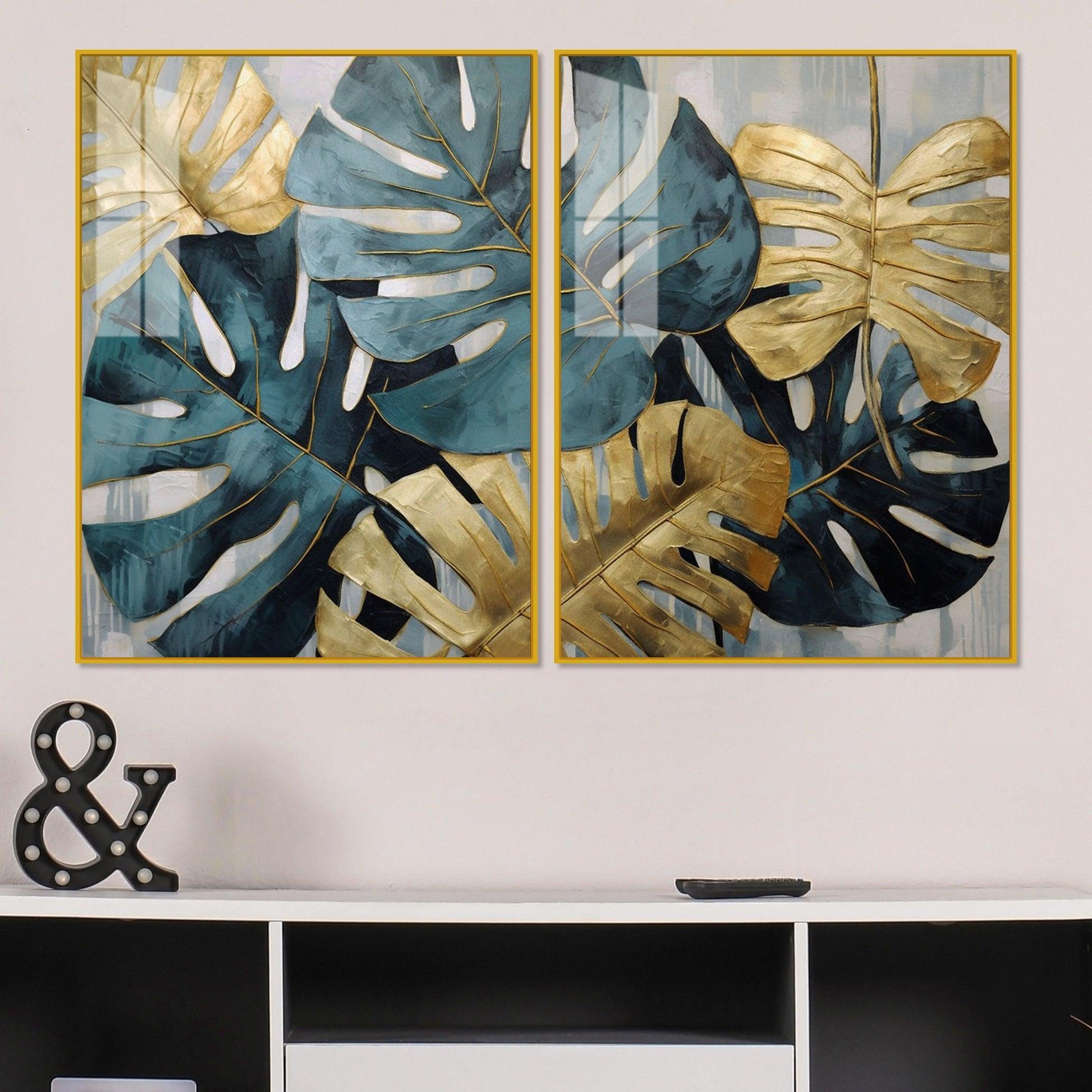 Monstera Leaves Acrylic Floating Wall Painting Set of 2 - Decor Smart