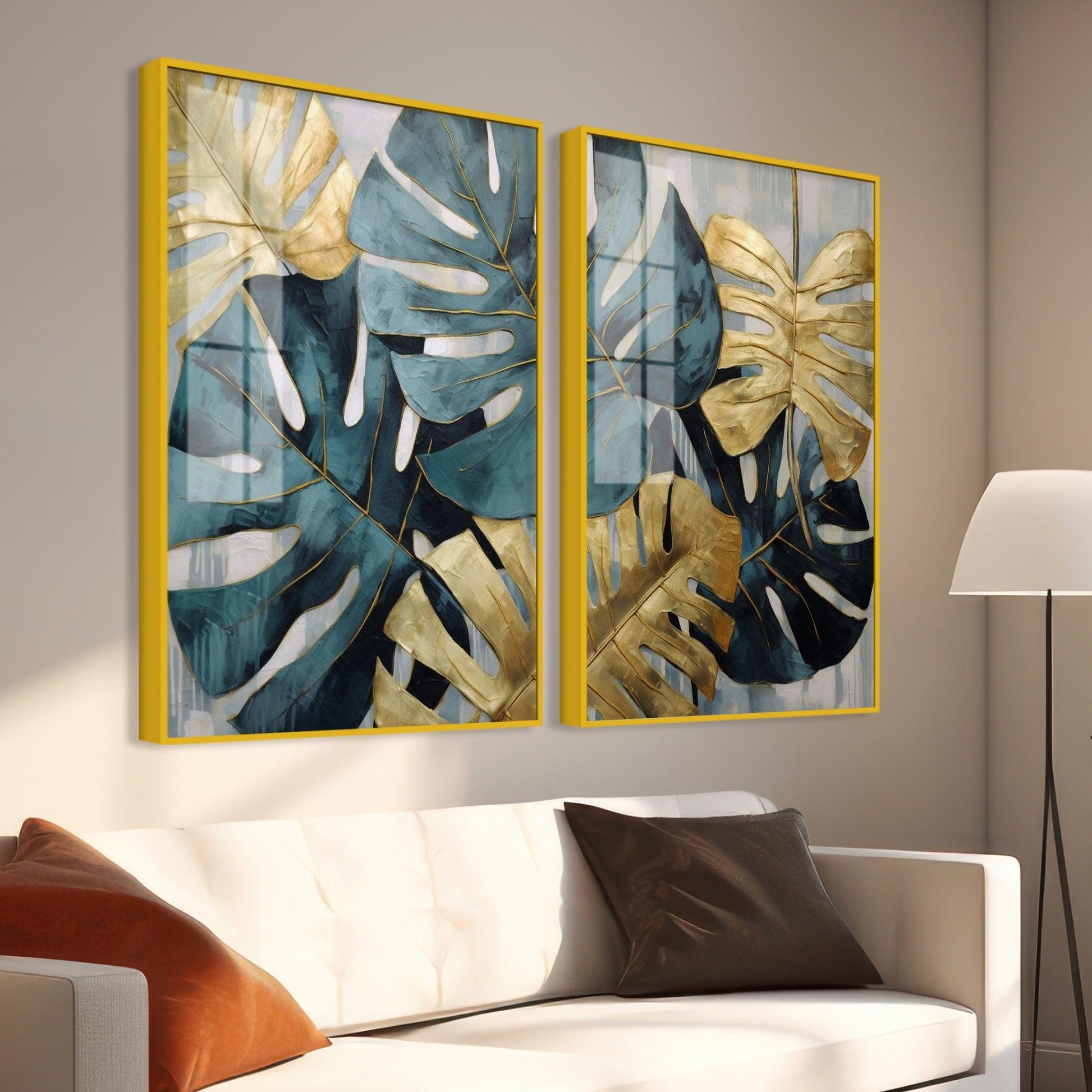 Monstera Leaves Acrylic Floating Wall Painting Set of 2 - Decor Smart