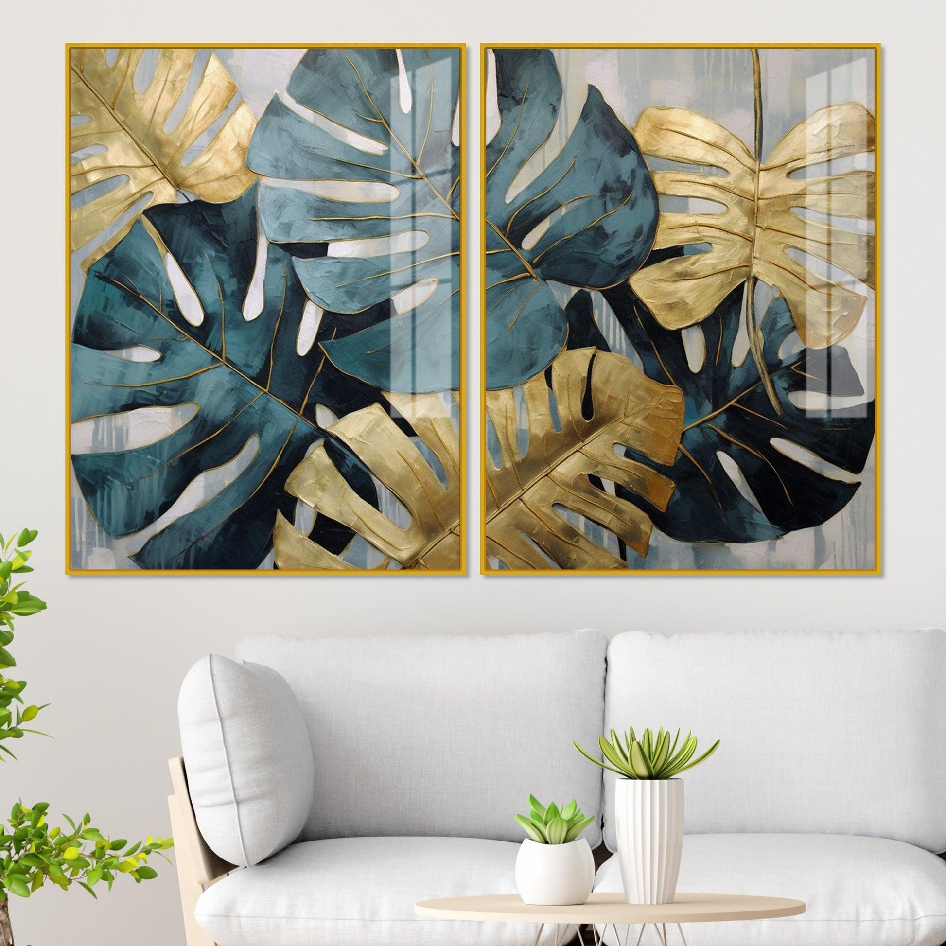 Monstera Leaves Acrylic Floating Wall Painting Set of 2 - Decor Smart