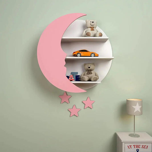 Moon and Stars Shape Wooden Wall Storage Shelf for Kids - Decor Smart