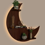 Moon Backlit Designer Wooden Wall Shelf / Book Shelf, Walnut Finish - Decor Smart
