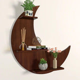 Moon Backlit Designer Wooden Wall Shelf / Book Shelf, Walnut Finish - Decor Smart