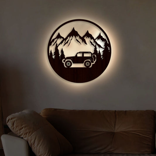 Mountain Forest Road Jeep Art Backlit Wooden Wall Hanging with LED Night Light Walnut Finish - Decor Smart