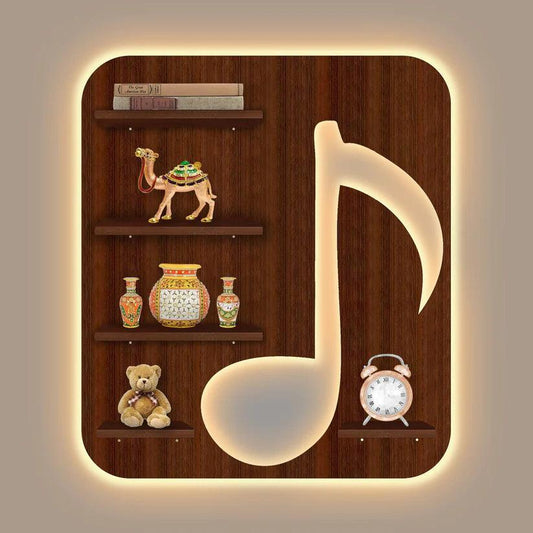 Music Symbol Note Backlit Wooden LED Light Wall Shelf with Walnut Finish - Decor Smart