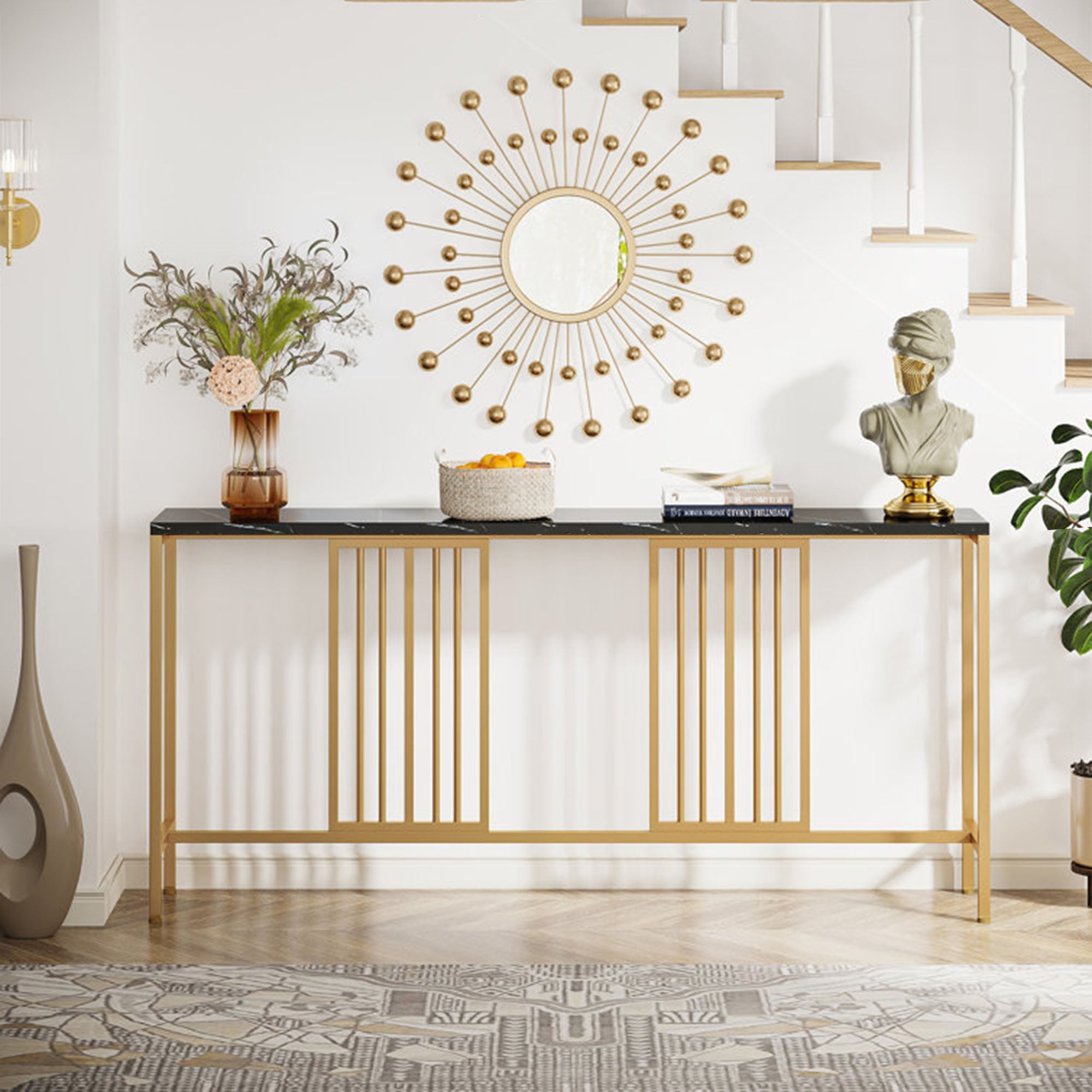 Narrow Long Faux Black Marble Gold Console Table - Decor Smart