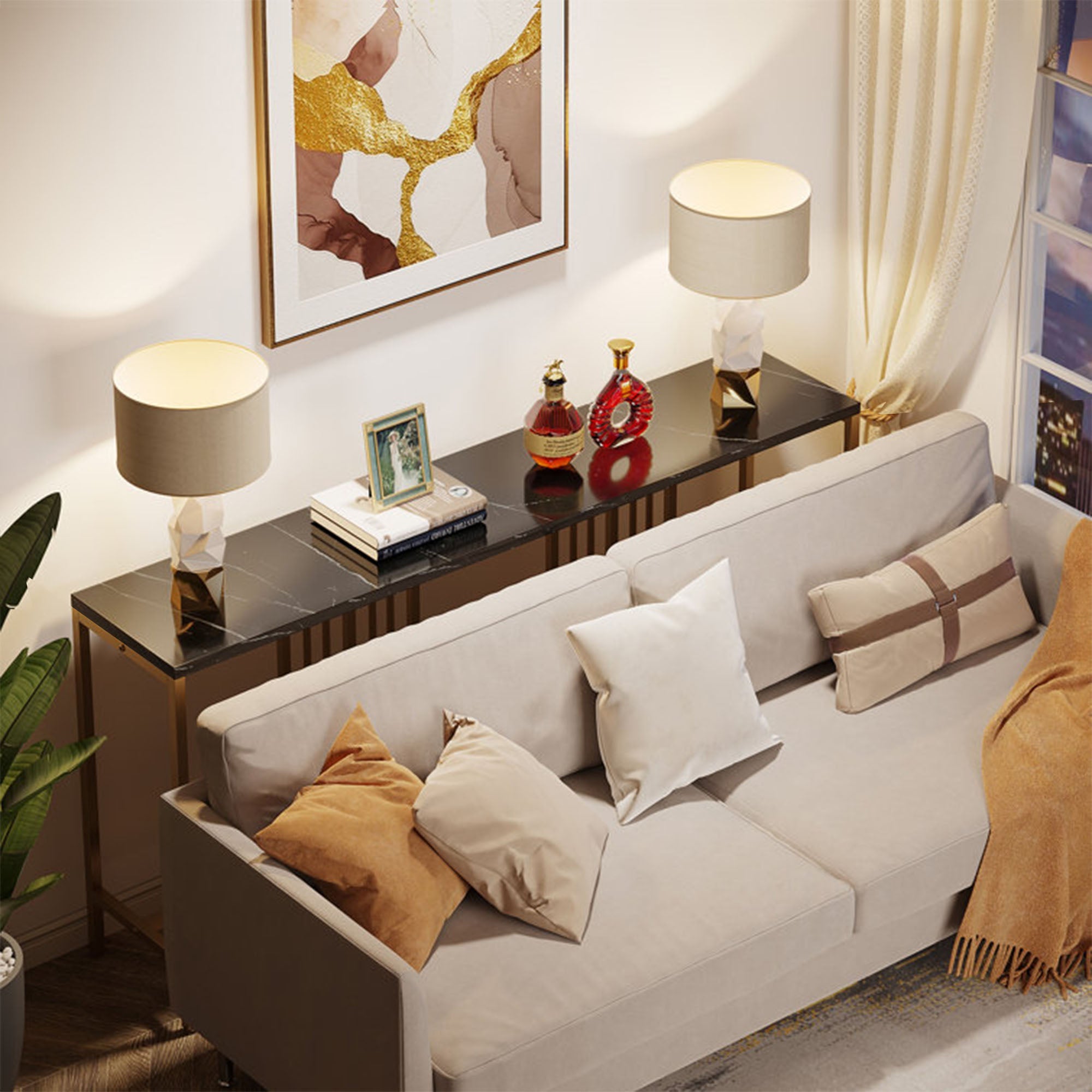 Narrow Long Faux Black Marble Gold Console Table - Decor Smart