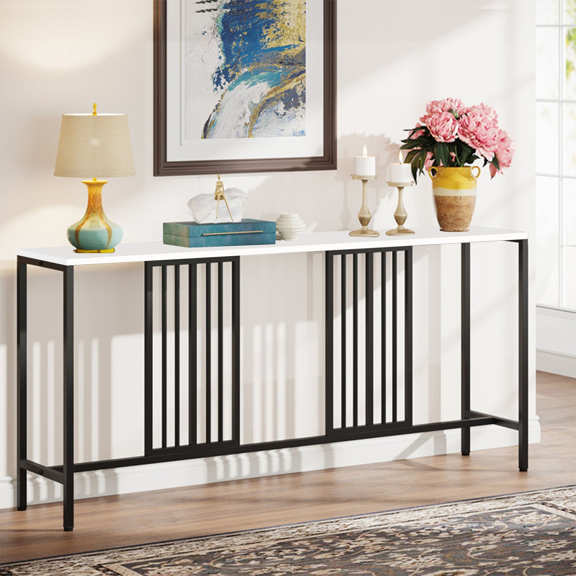 Narrow Long Faux White Marble Black Console Table - Decor Smart