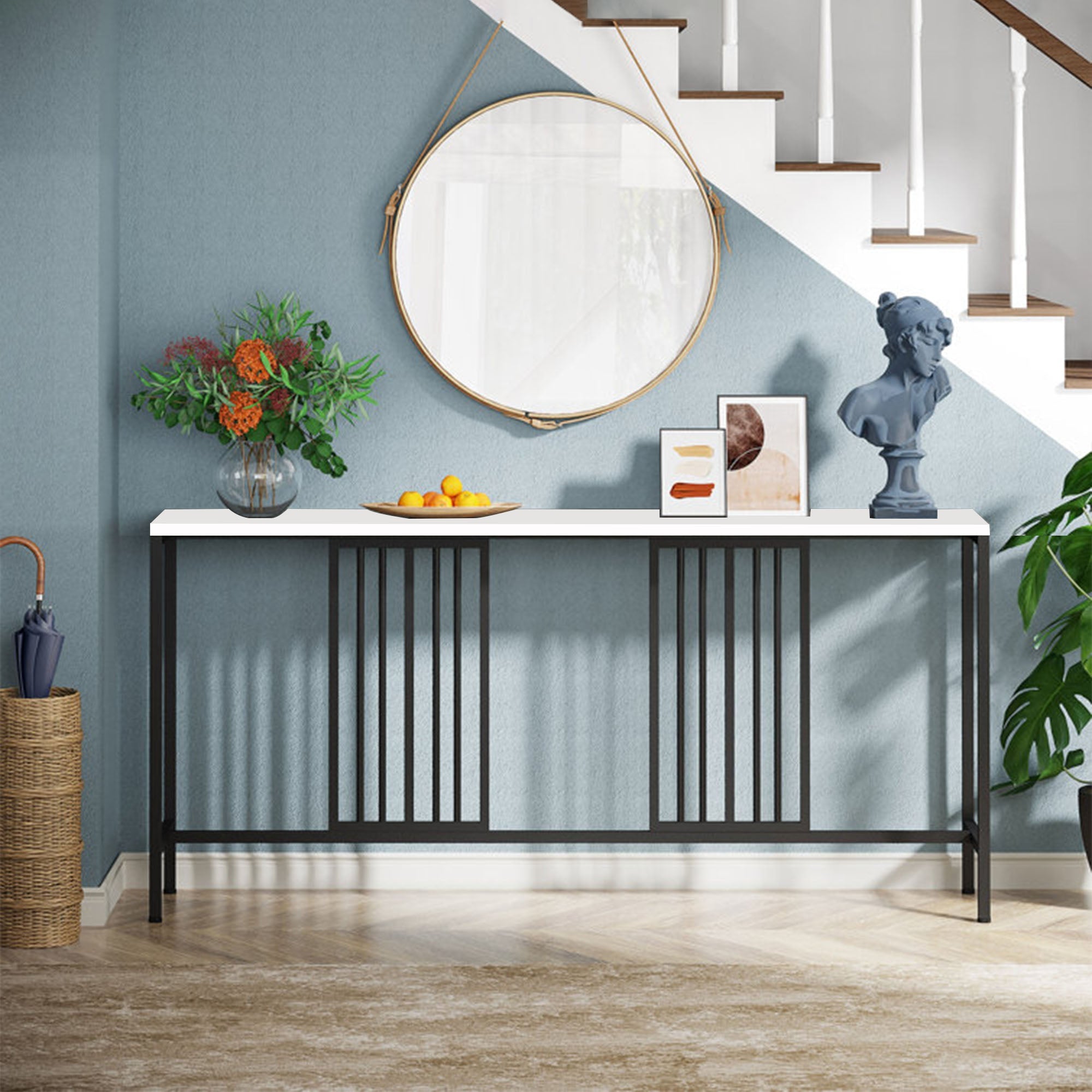 Narrow Long Faux White Marble Black Console Table - Decor Smart