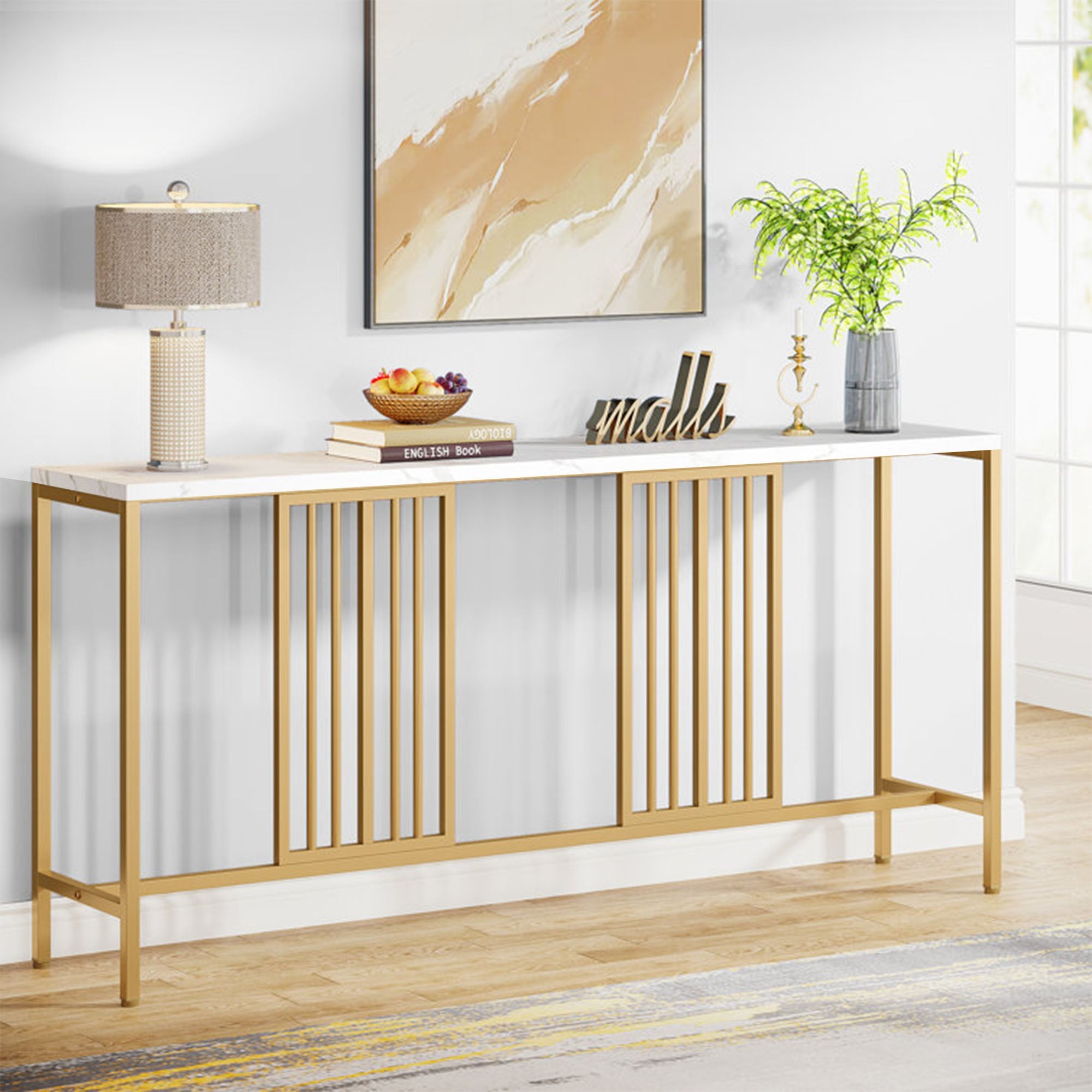 Narrow Long Faux White Marble Gold Console Table - Decor Smart