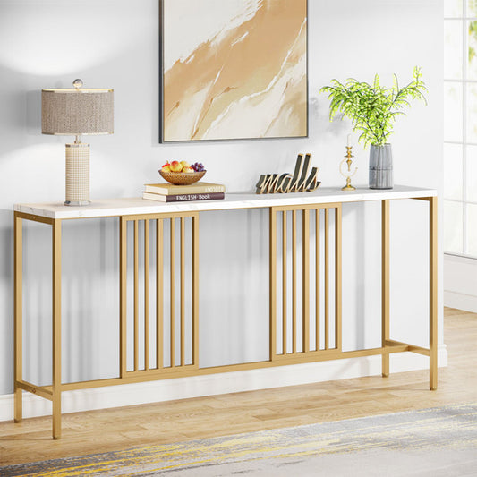 Narrow Long Faux White Marble Gold Console Table - Decor Smart