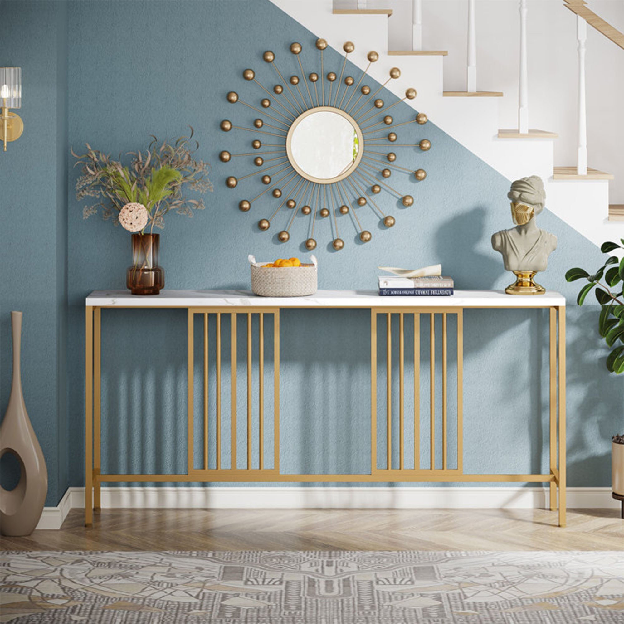 Narrow Long Faux White Marble Gold Console Table - Decor Smart