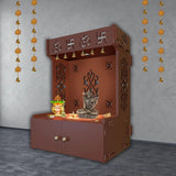 OM Swastika Symbol of Hindu Religious Floor Temple with Spacious Wooden Shelf & Inbuilt Focus Light - Brown Finish - Decor Smart