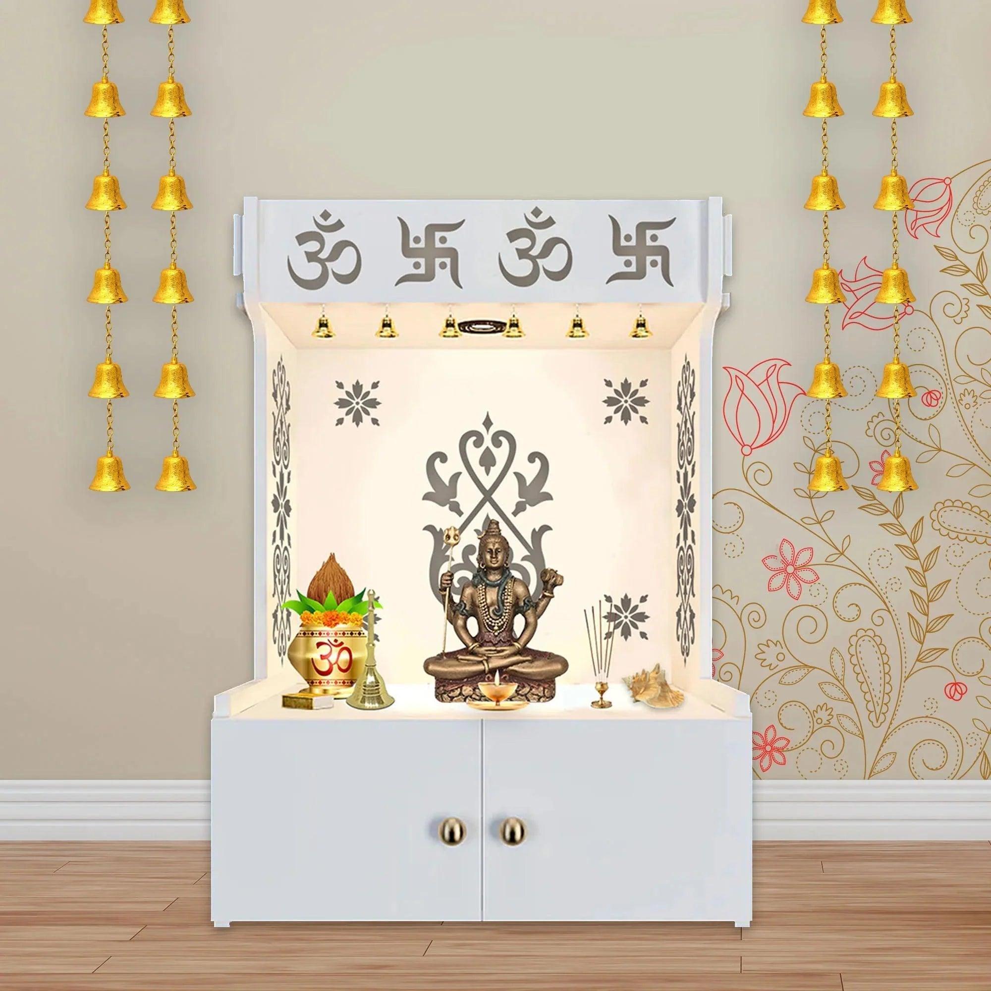 OM Swastika Symbol of Hindu Religious Floor Temple with Spacious Wooden Shelf & Inbuilt Focus Light - White Finish - Decor Smart