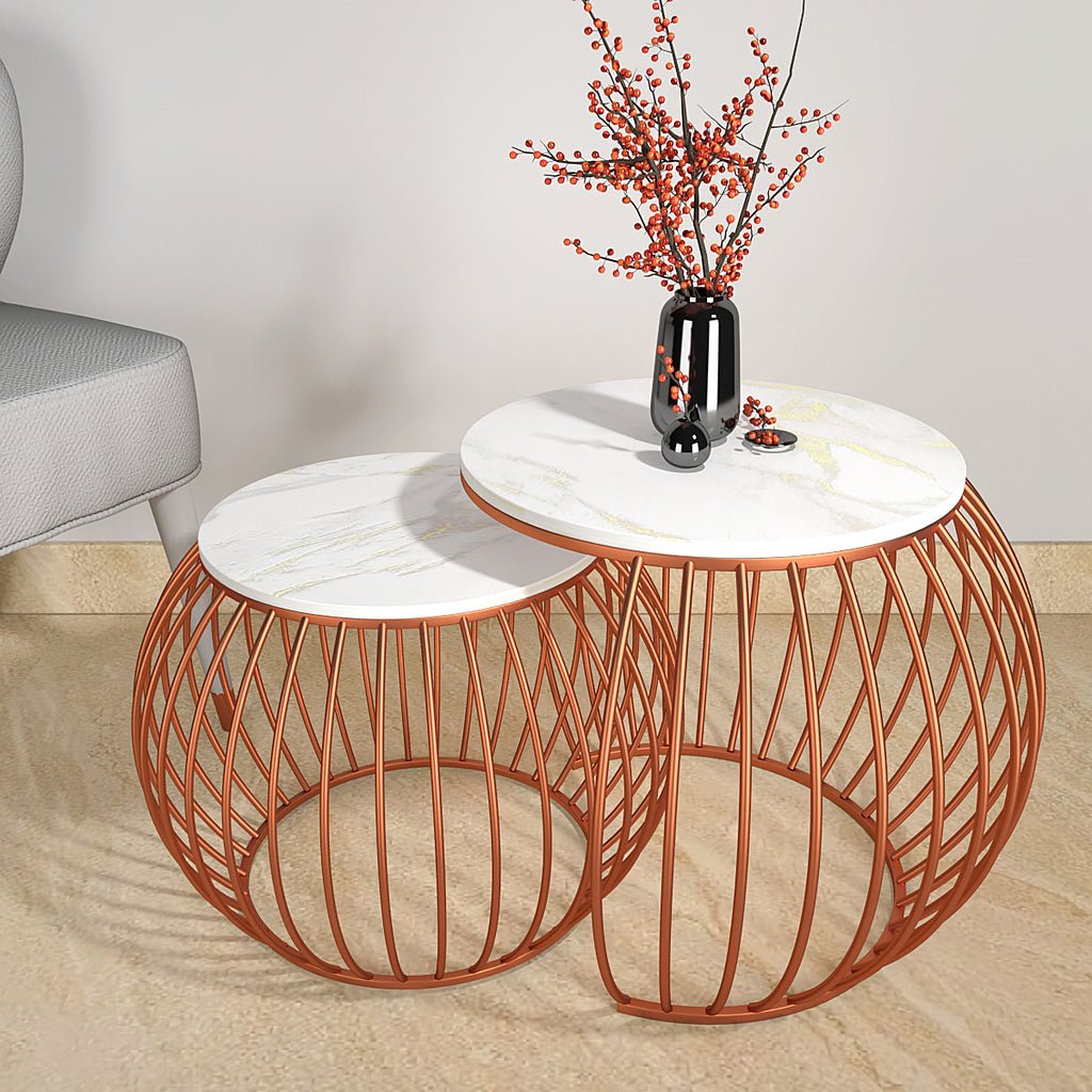 Ornate Round Copper Coffee Table Set of 2 - Decor Smart