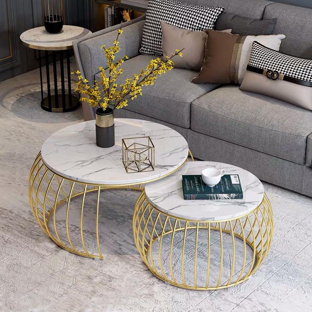 Ornate Rounded Metallic Marble Nested Coffee Table Set of 2 - Decor Smart