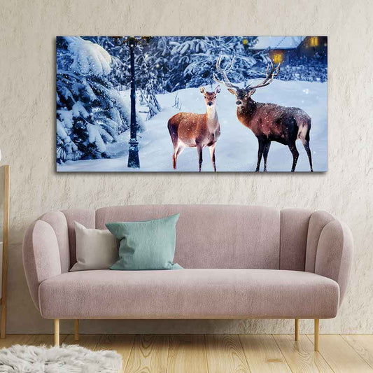 Pair of Red Deer in Snowy Forest Premium Wall Painting - Decor Smart