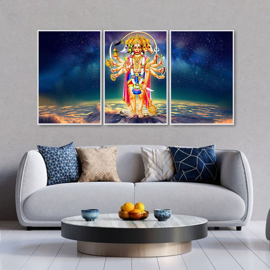 Panchmukhi Bajrangbali Scenery Floating Canvas Wall Painting Set of Three - Decor Smart