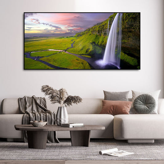 Panoramic Canvas Wall Painting of Unreal view of Waterfall at Sunset - Decor Smart