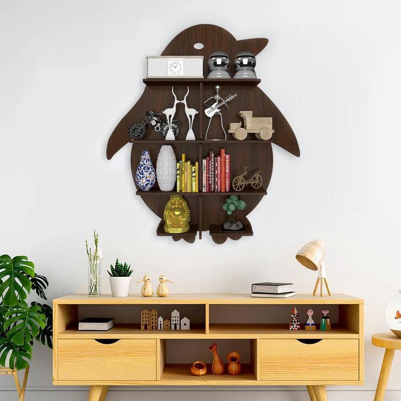 Penguin Backlit Designer Wooden Wall Shelf / Book Shelf / Night Light, Walnut Finish - Decor Smart