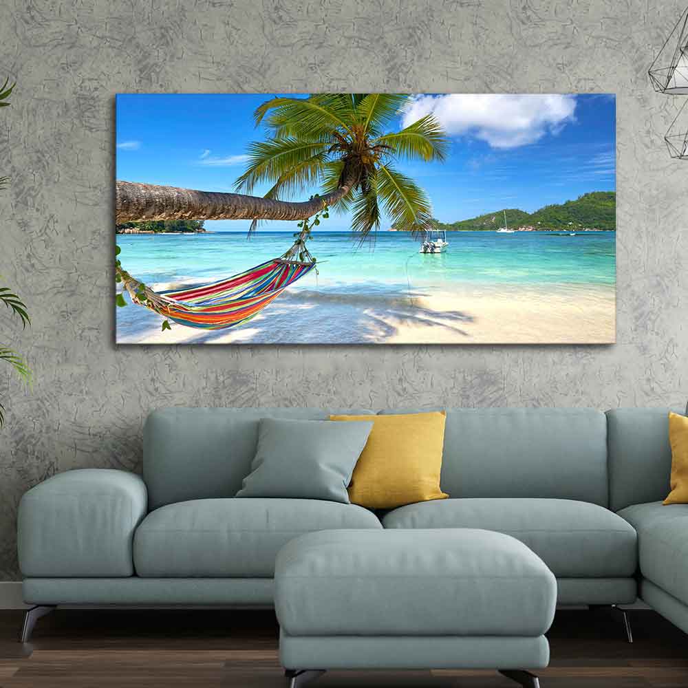 Perfect Beach with Palm Tree and Hammock Premium Canvas Wall Hanging - Decor Smart