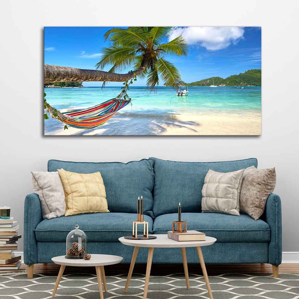 Perfect Beach with Palm Tree and Hammock Premium Canvas Wall Hanging - Decor Smart
