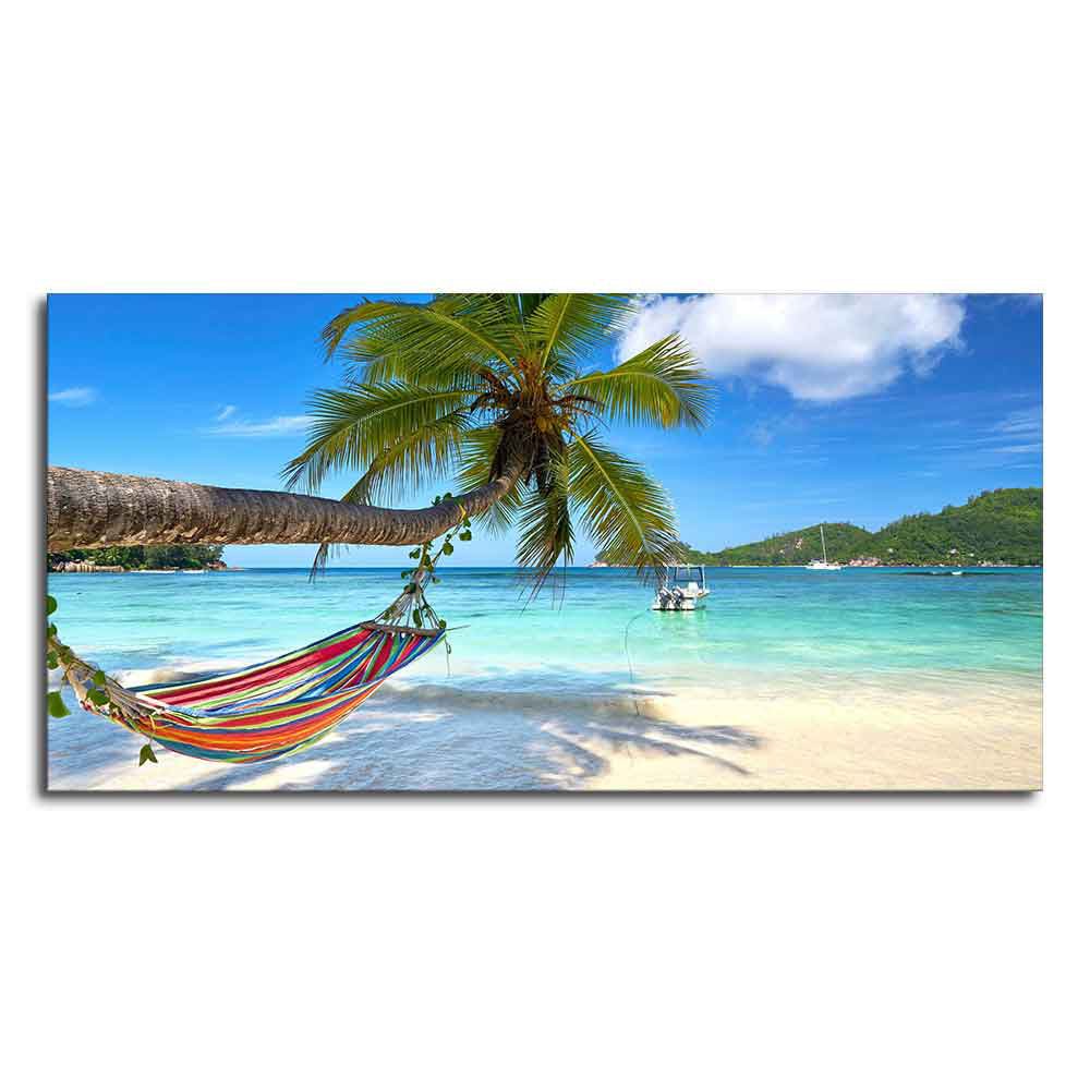 Perfect Beach with Palm Tree and Hammock Premium Canvas Wall Hanging - Decor Smart