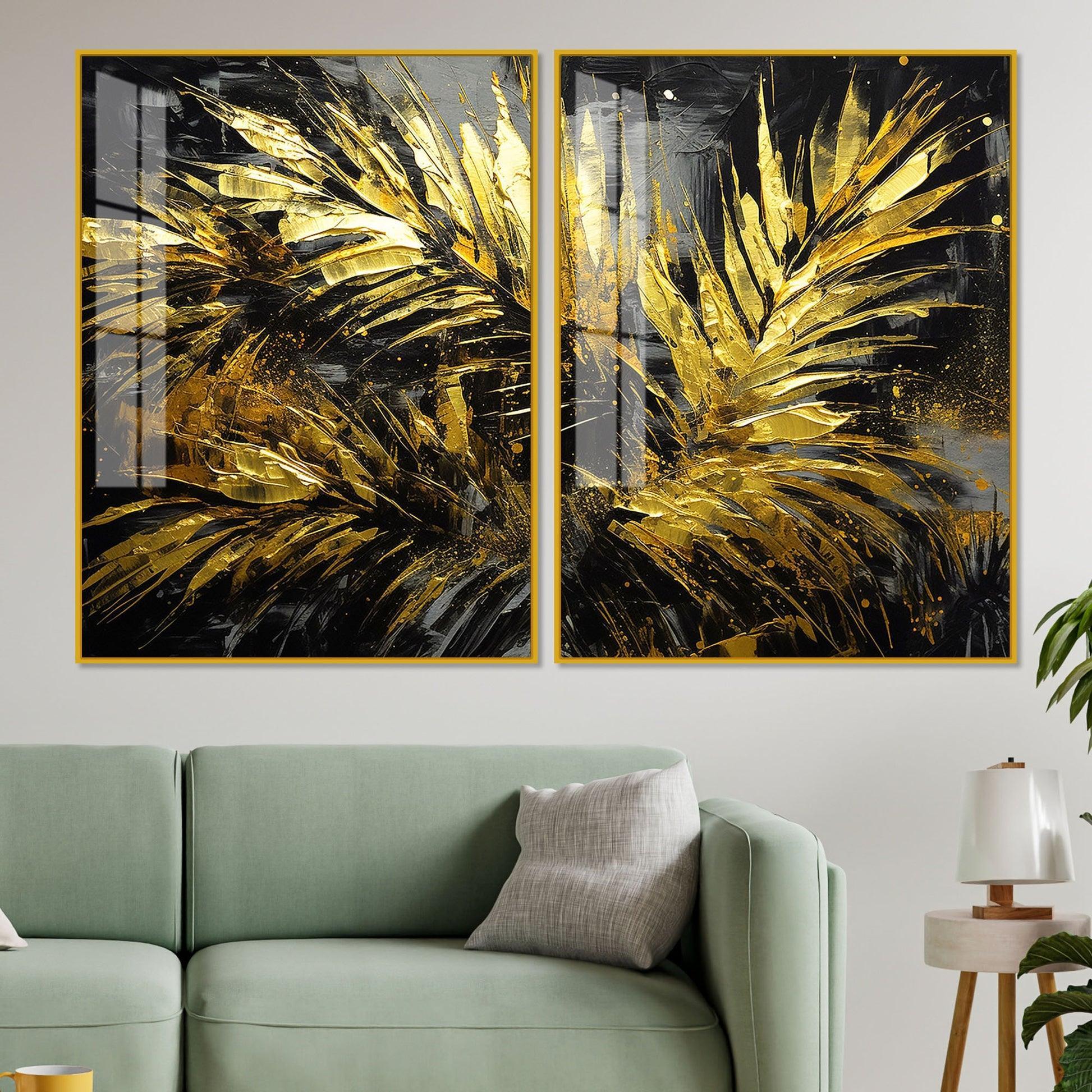 Premium Black and Shiny Gold Palm Leaves Acrylic Floating Wall Painting Set Of 2 - Decor Smart