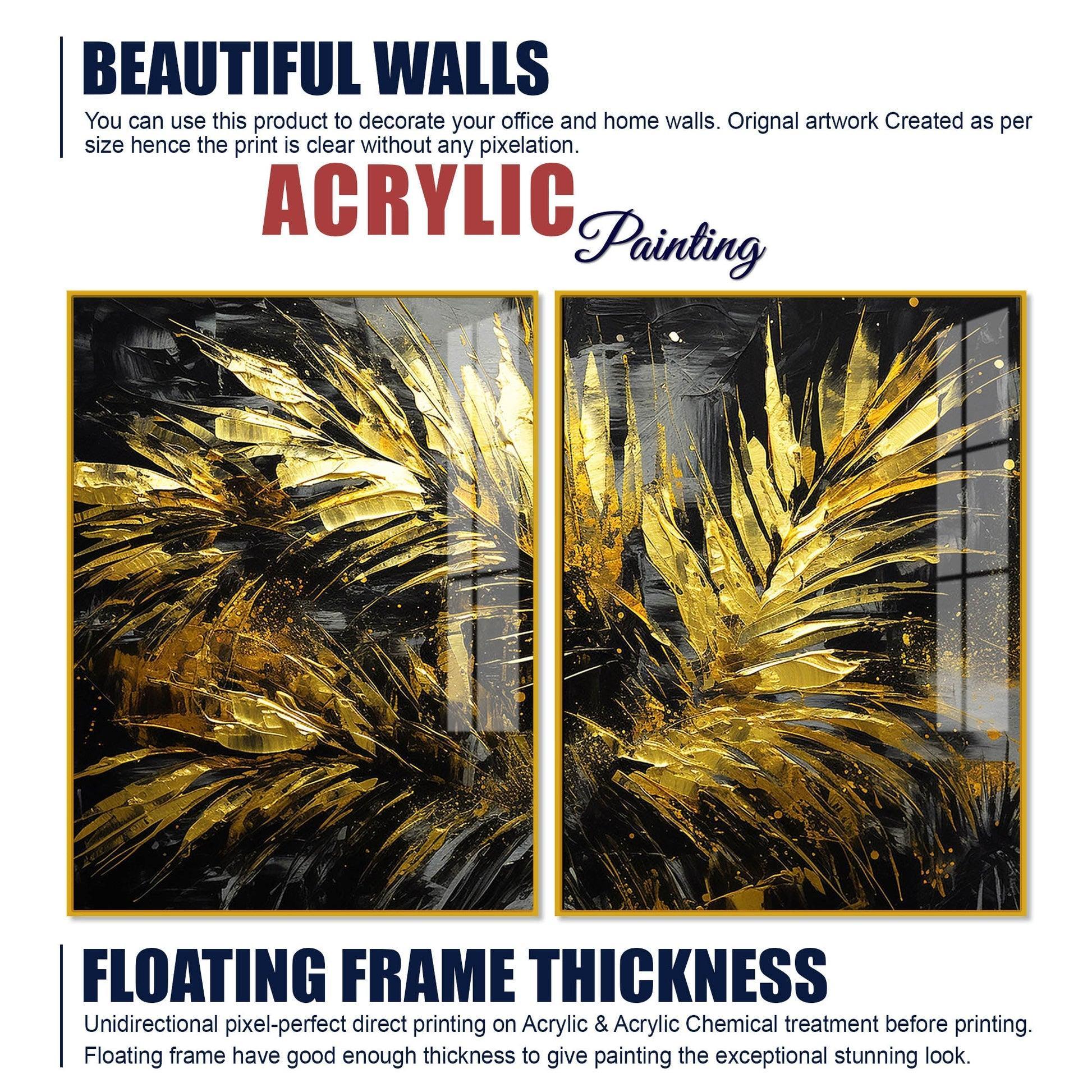 Premium Black and Shiny Gold Palm Leaves Acrylic Floating Wall Painting Set Of 2 - Decor Smart