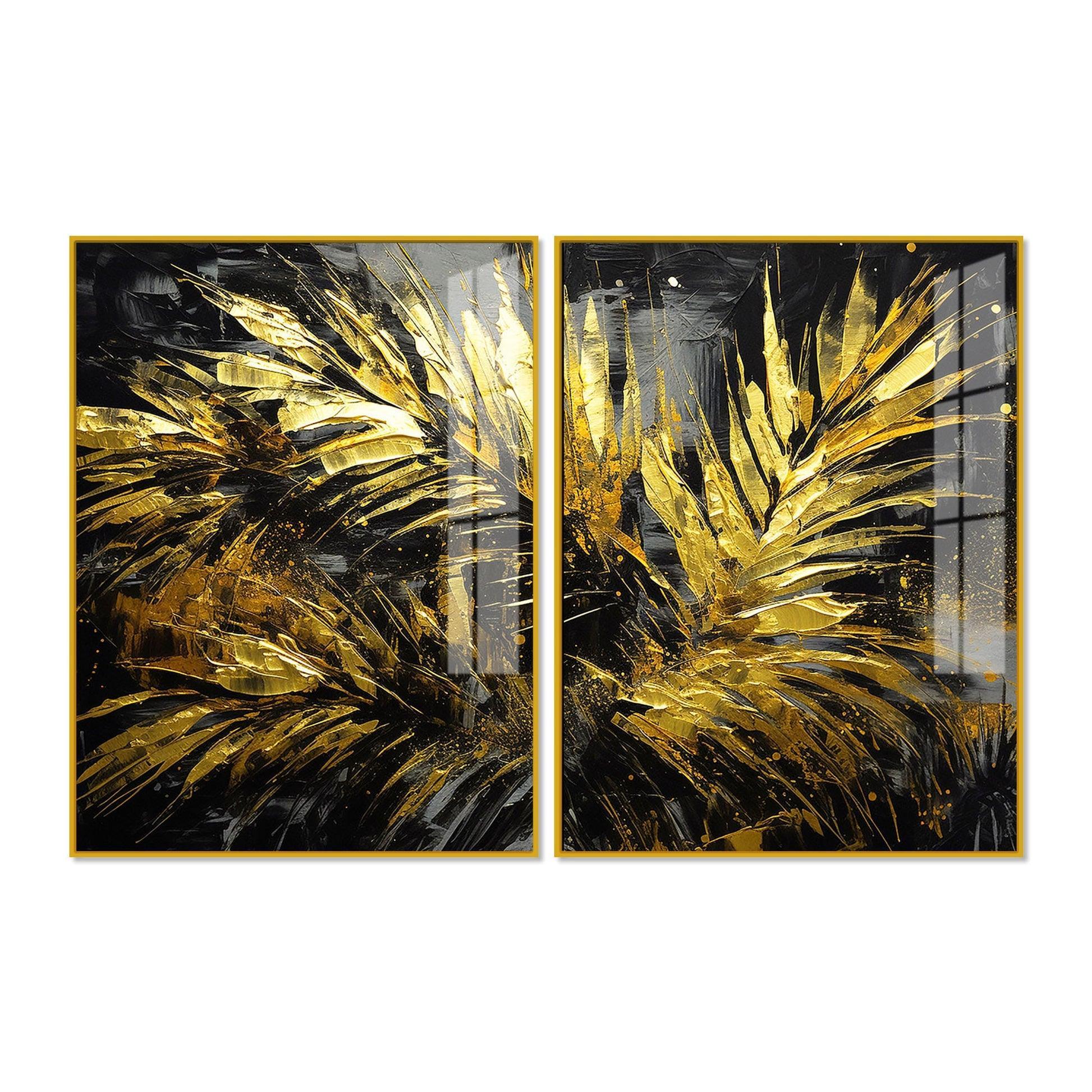 Premium Black and Shiny Gold Palm Leaves Acrylic Floating Wall Painting Set Of 2 - Decor Smart