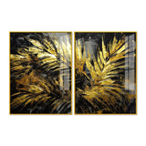 Premium Black and Shiny Gold Palm Leaves Acrylic Floating Wall Painting Set Of 2 - Decor Smart