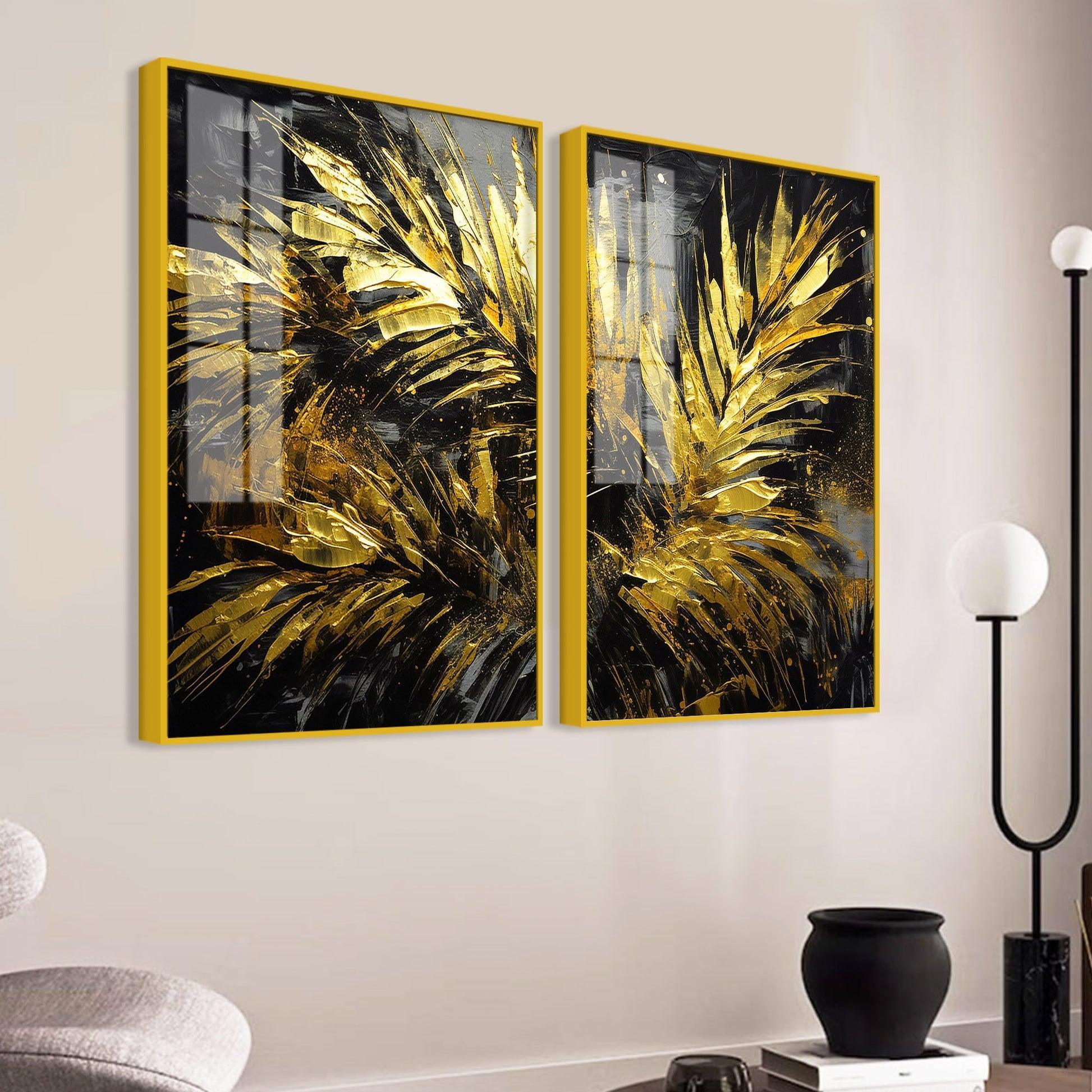 Premium Black and Shiny Gold Palm Leaves Acrylic Floating Wall Painting Set Of 2 - Decor Smart