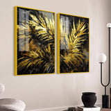 Premium Black and Shiny Gold Palm Leaves Acrylic Floating Wall Painting Set Of 2 - Decor Smart