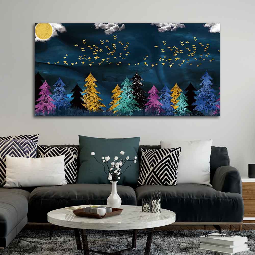 Premium Canvas Wall Painting of Golden Birds Flying over The Dark Forest - Decor Smart
