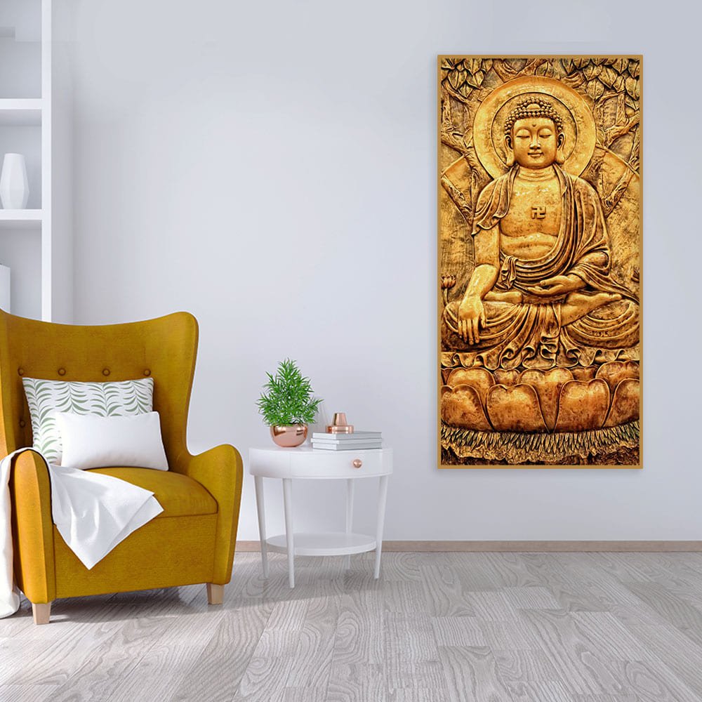Premium Canvas Wall Painting of Golden Lord Buddha Sculpture - Decor Smart