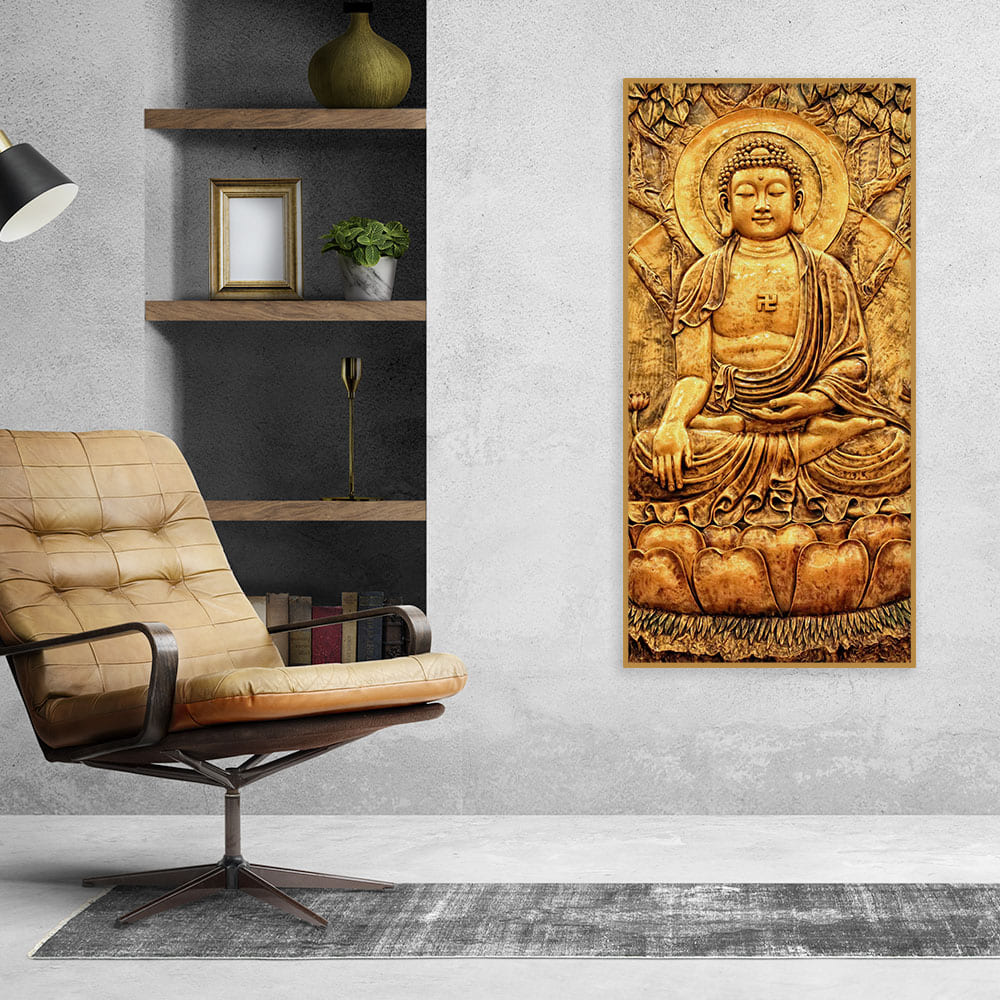 Premium Canvas Wall Painting of Golden Lord Buddha Sculpture - Decor Smart