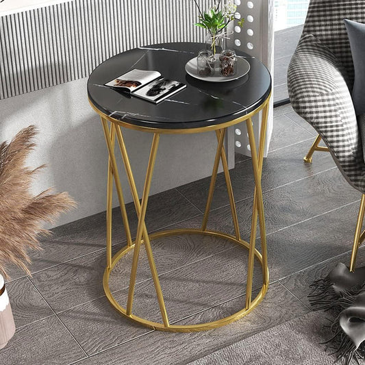 Premium Designer Round Shaped Golden Artistic Side Table with Black Marble - Decor Smart