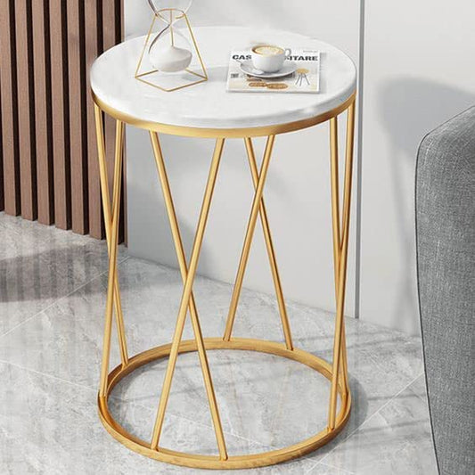 Premium Designer Round Shaped Golden Artistic Side Table with White Marble - Decor Smart