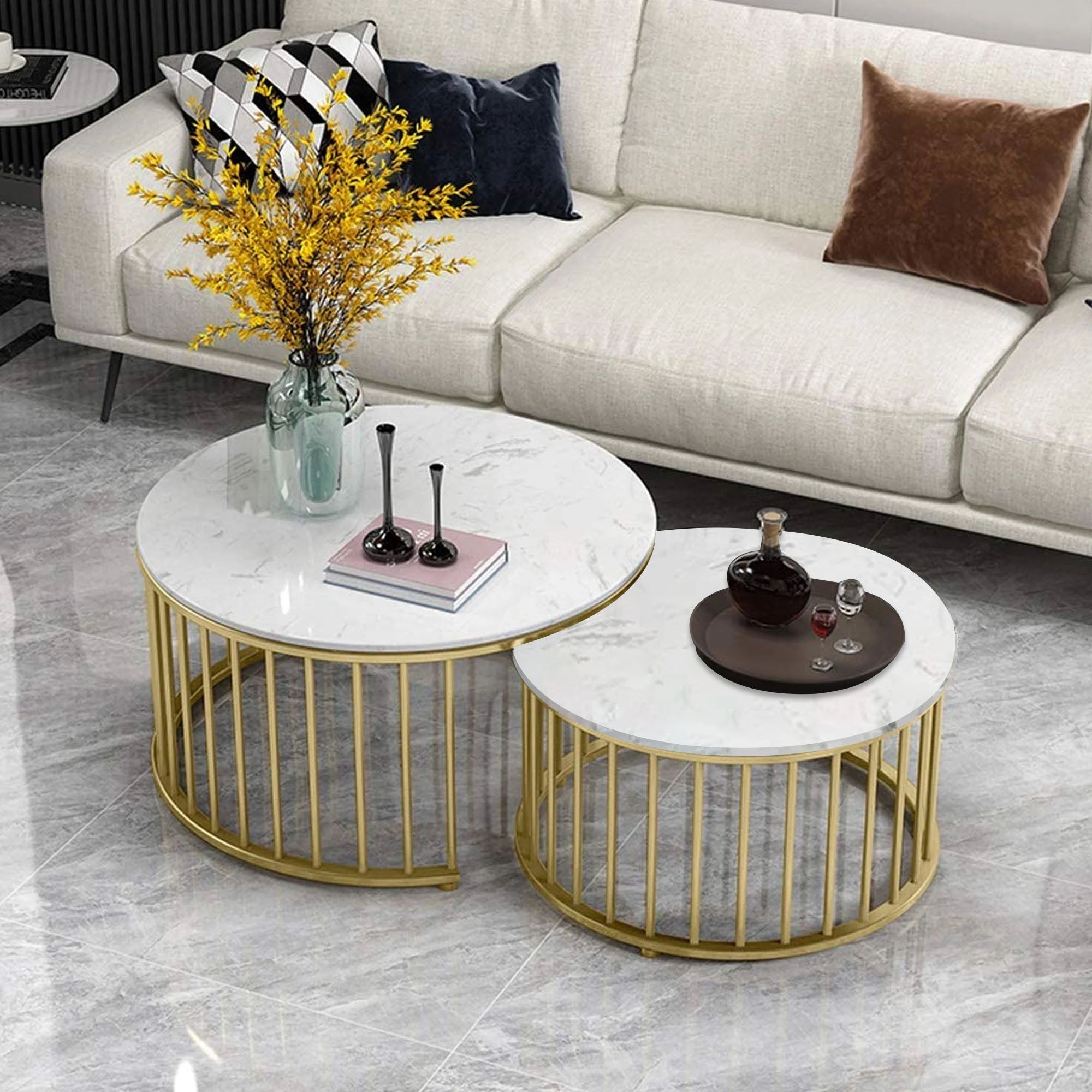 Premium Golden Caged with White Marble Table Set of 2 - Decor Smart